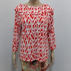 Rafaella Orange Cowl Neck Stretch Curves Print Top Size Large